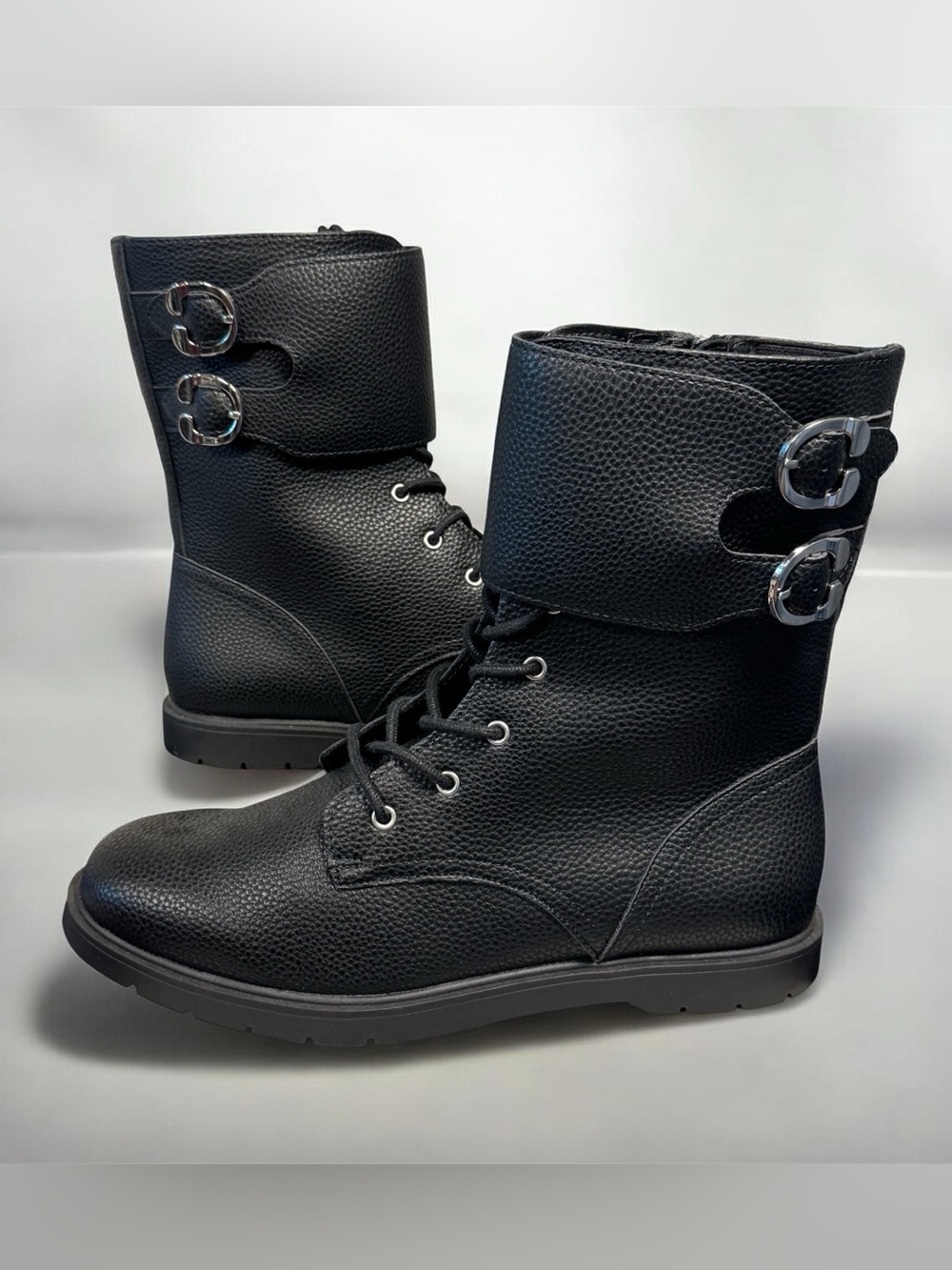 Women’s Black Lace-Up Combat Boots with Buckle Detail by Aerosoles, size 12W,NWT